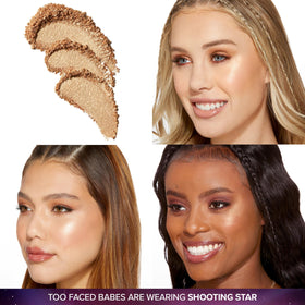 Too Faced Moon Crush Highlighter swatch shows glossy, powder-like finish.