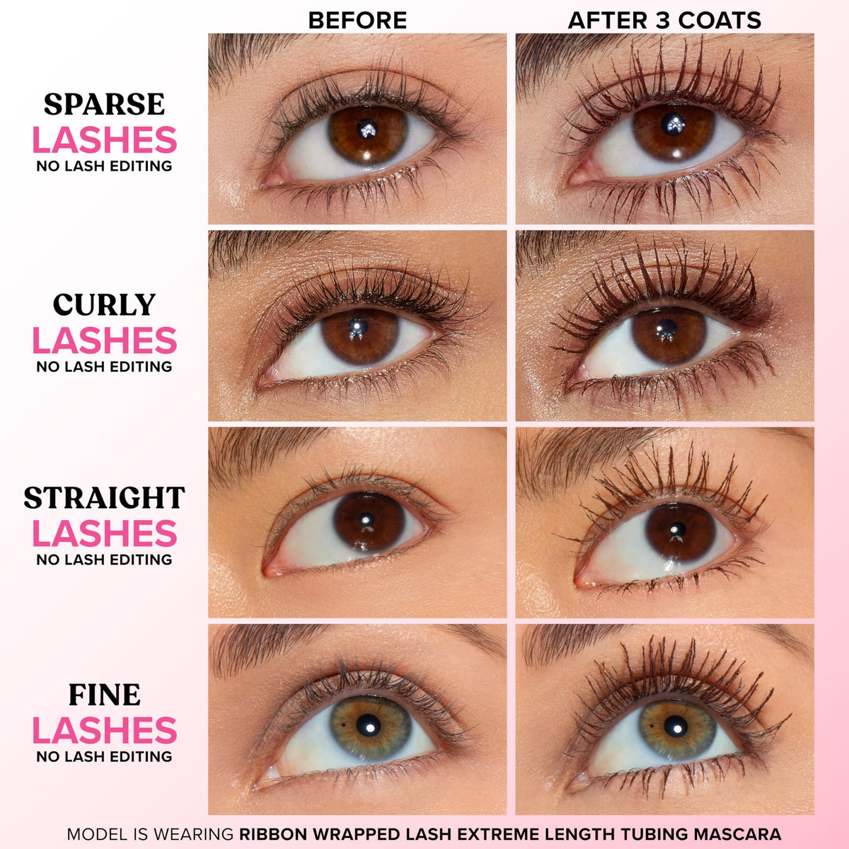 Too Faced Ribbon Wrap Mascara wand with Lash Extension Brush reaches every lash.
