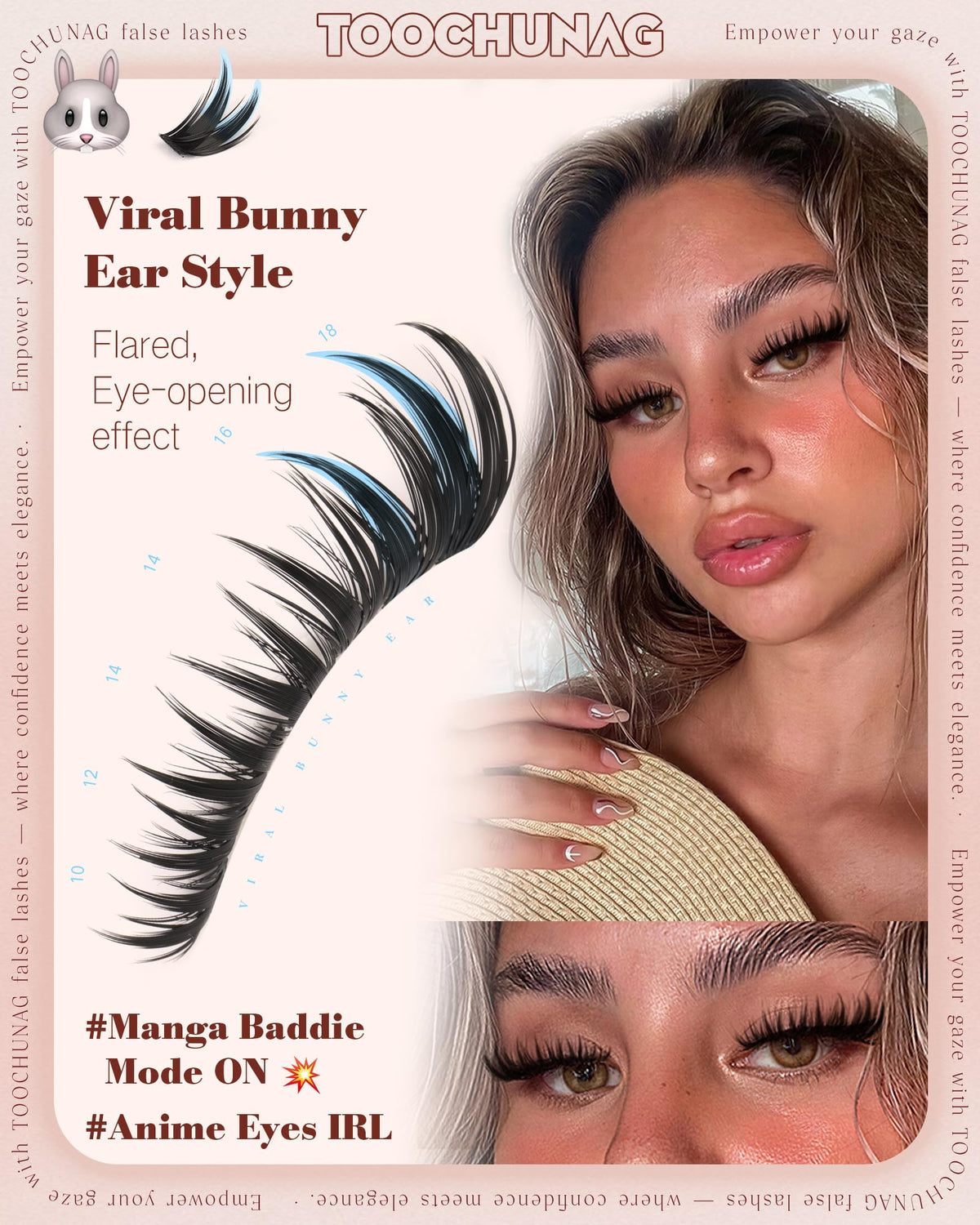 TOOCHUNAG D-Curl lash clusters lifted on the eye for dramatic openness.