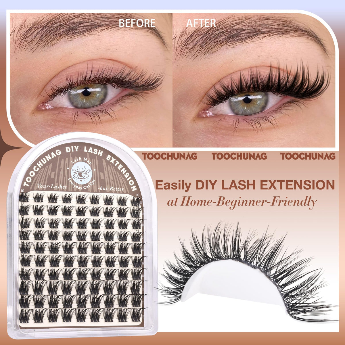 TOOCHUNAG 12mm wispy clusters blend with natural lashes for added volume.