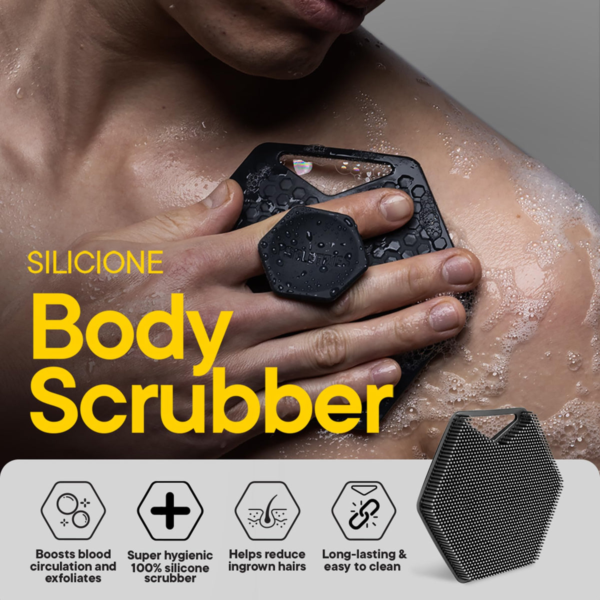 TOOLETRIES Body Scrubber 2.0 includes a reusable storage hook for drying.