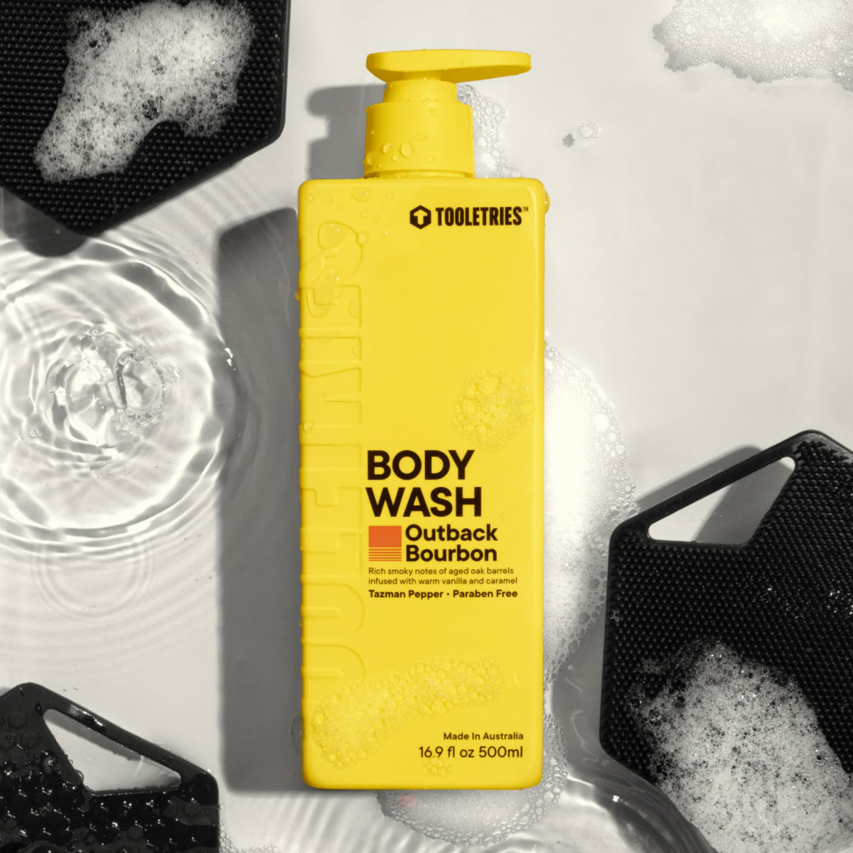 TOOLETRIES Outback Bourbon scent enhances morning shower ritual.