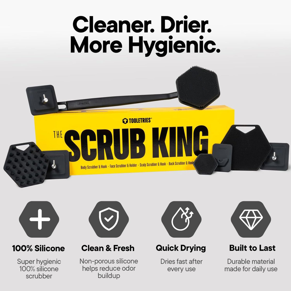 TOOLETRIES Scrub King holder and hooks keep shower essentials organized.