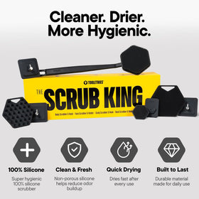 TOOLETRIES Scrub King holder and hooks keep shower essentials organized.