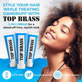 Top Brass anti-dandruff cream close-up showing smooth, non-greasy finish.
