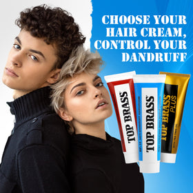 Top Brass anti-dandruff cream on scalp showing relief from dryness.
