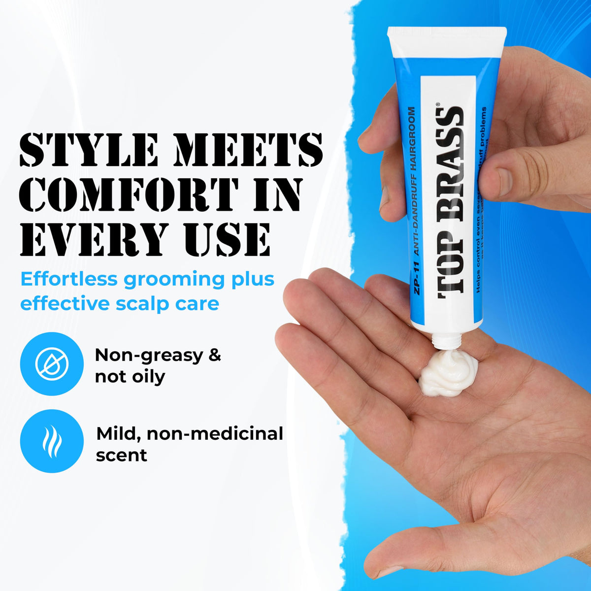 Top Brass anti-dandruff cream used by both men and women for everyday grooming.