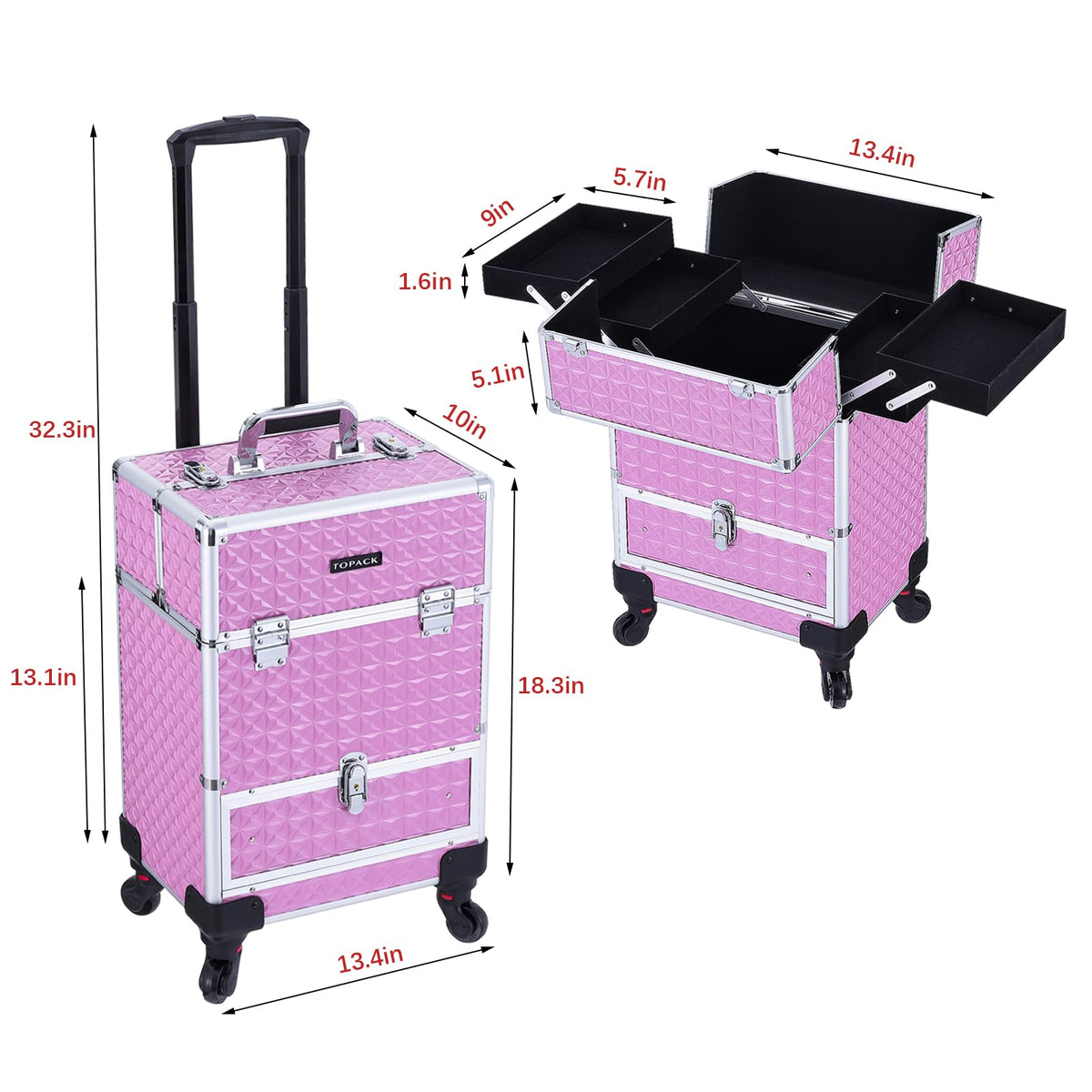 TopPack rolling makeup train case interior features velvet lining for cosmetic protection.