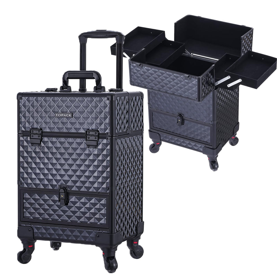 TOPACK rolling makeup train case pull bar for easy transport during travel.