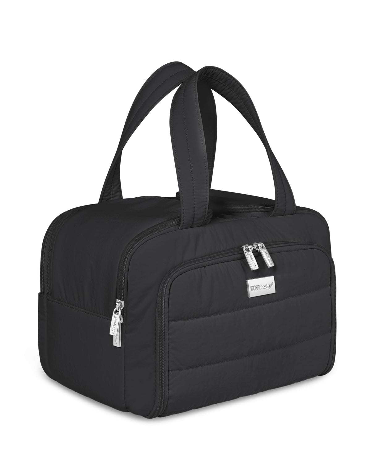 TopDesign travel toiletry bag black front view for easy packing and organization.