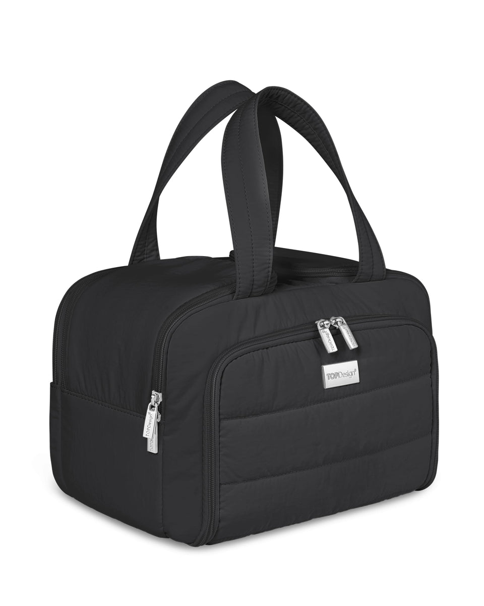TopDesign travel toiletry bag black front view for easy packing and organization.