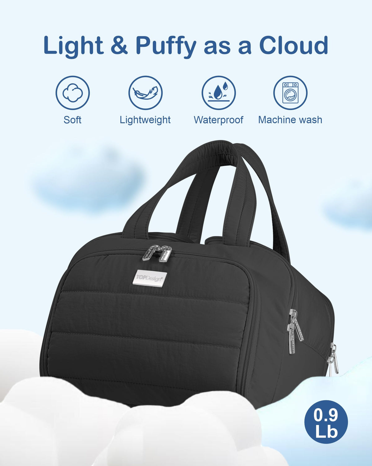 TopDesign travel toiletry bag black opened flat 180-degree view for quick access.