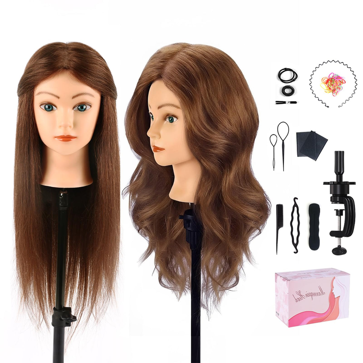 TopDirect mannequin head with 22-inch dark brown real hair for authentic practice