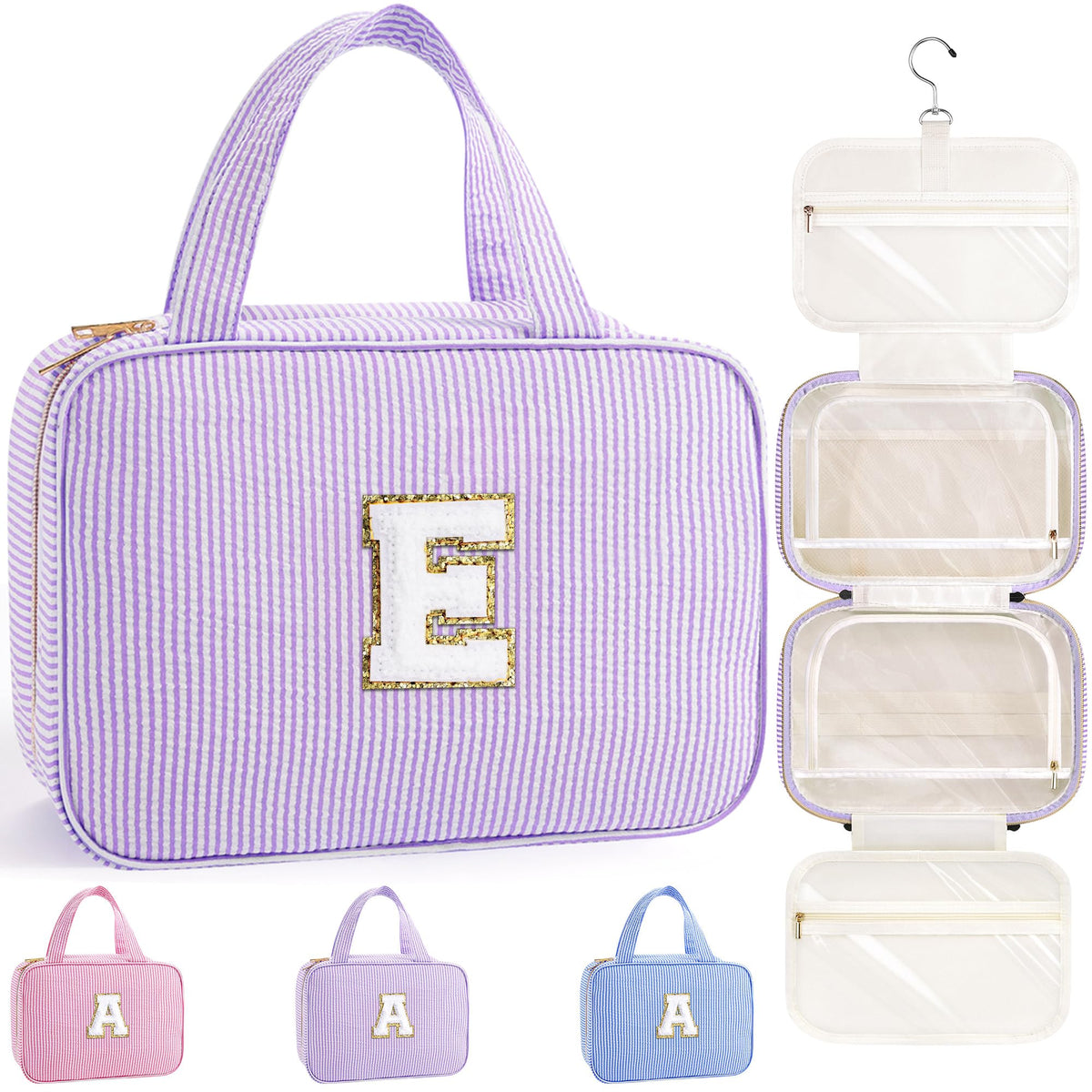 TOPEAST hanging toiletry bag with initial E in purple, front view for travel organization.