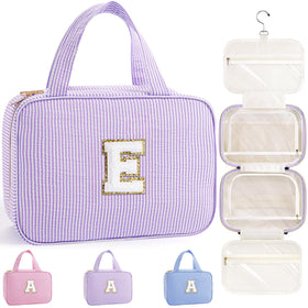 TOPEAST hanging toiletry bag with initial E in purple, front view for travel organization.