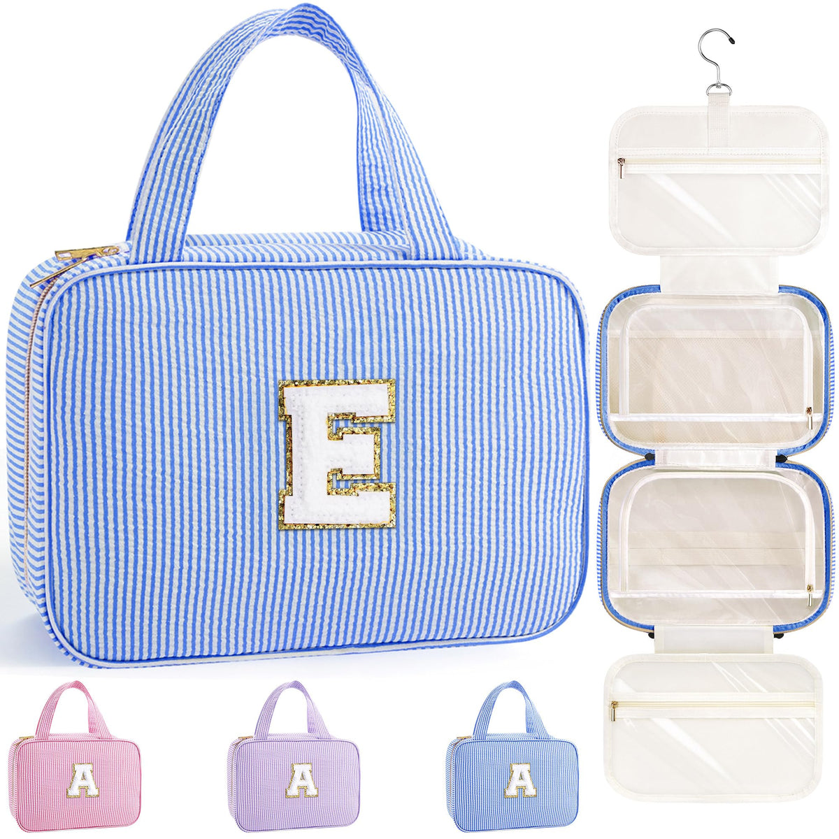 TOPEAST initial E blue hanging toiletry bag for travel organization