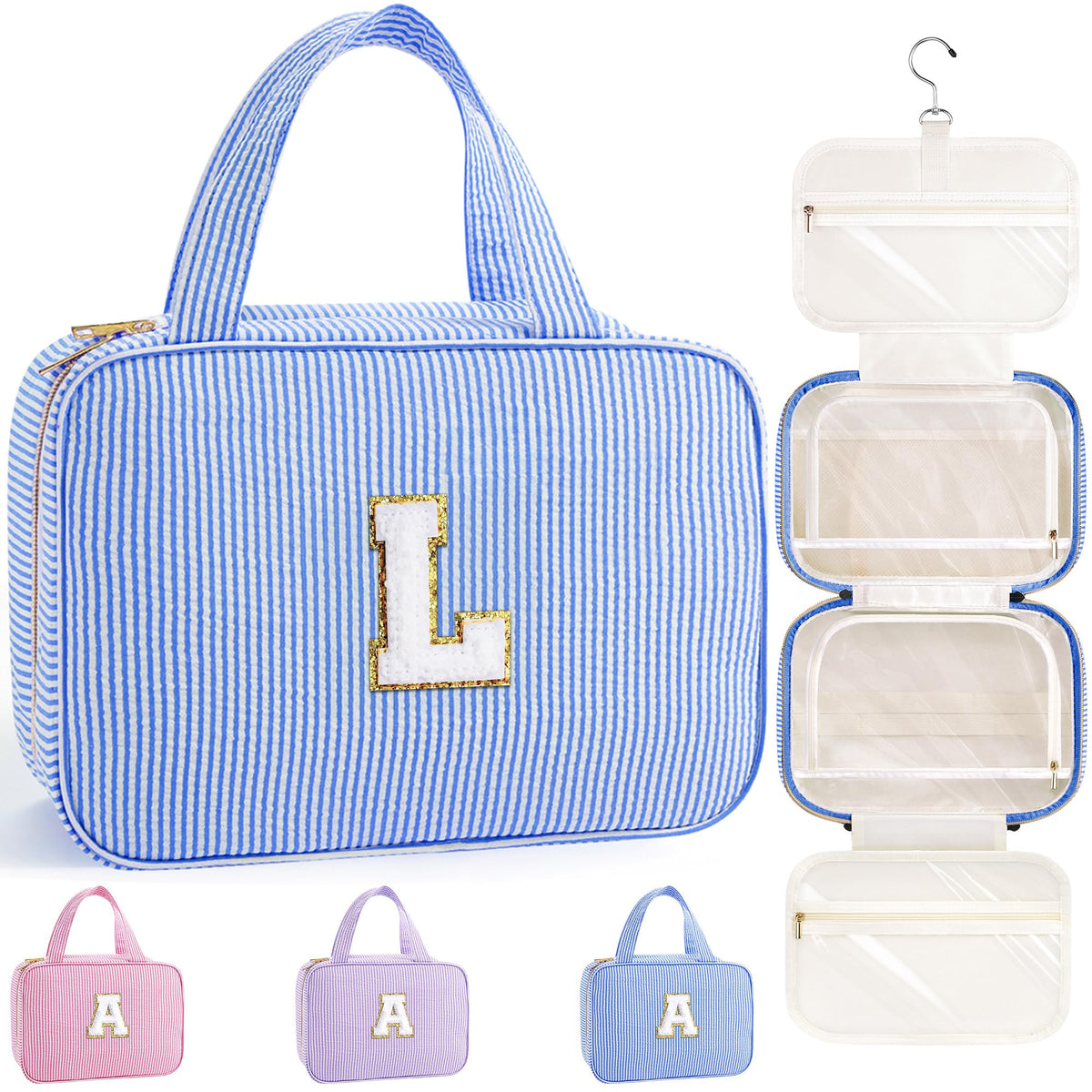 TOPEAST travel hanging toiletry bag in blue exterior keeps items neatly organized during travel.