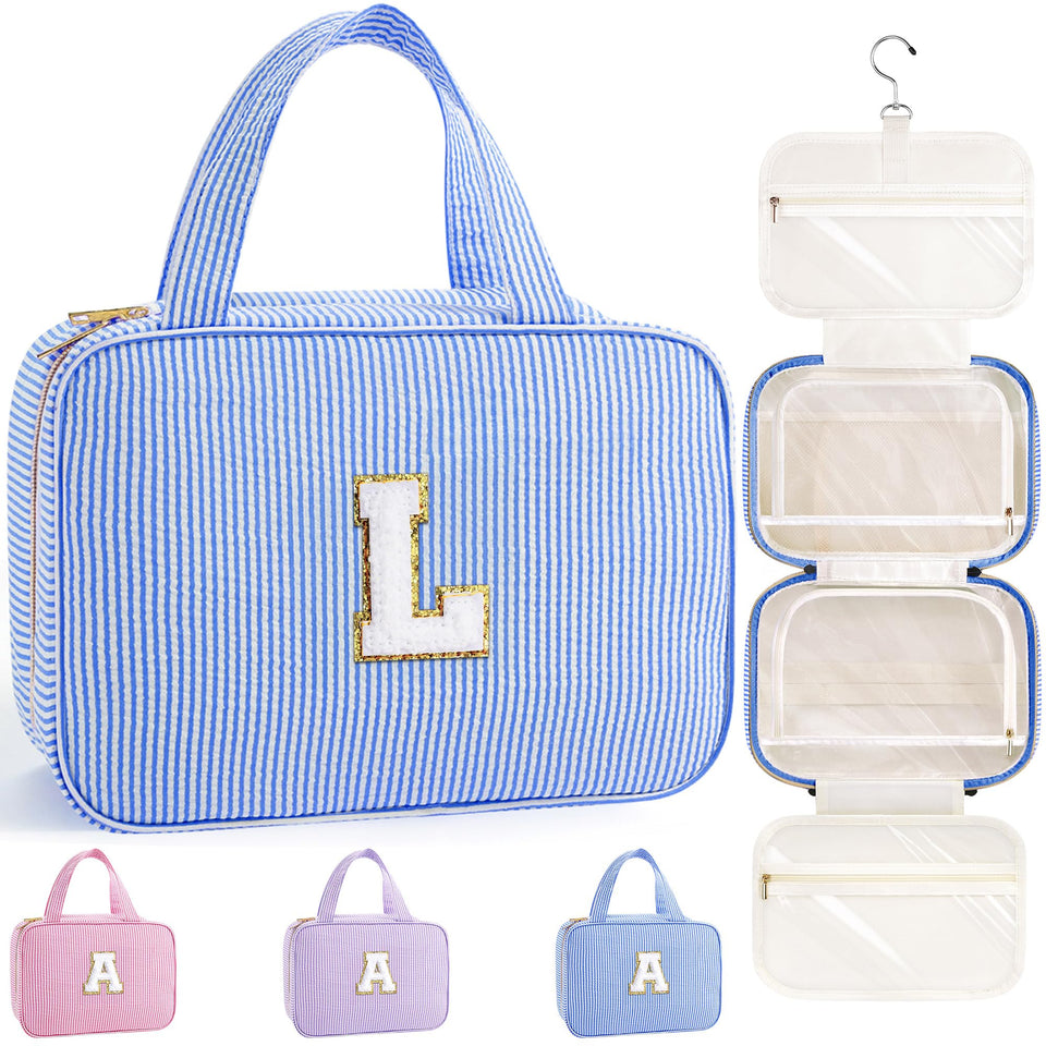 TOPEAST travel hanging toiletry bag in blue exterior keeps items neatly organized during travel.