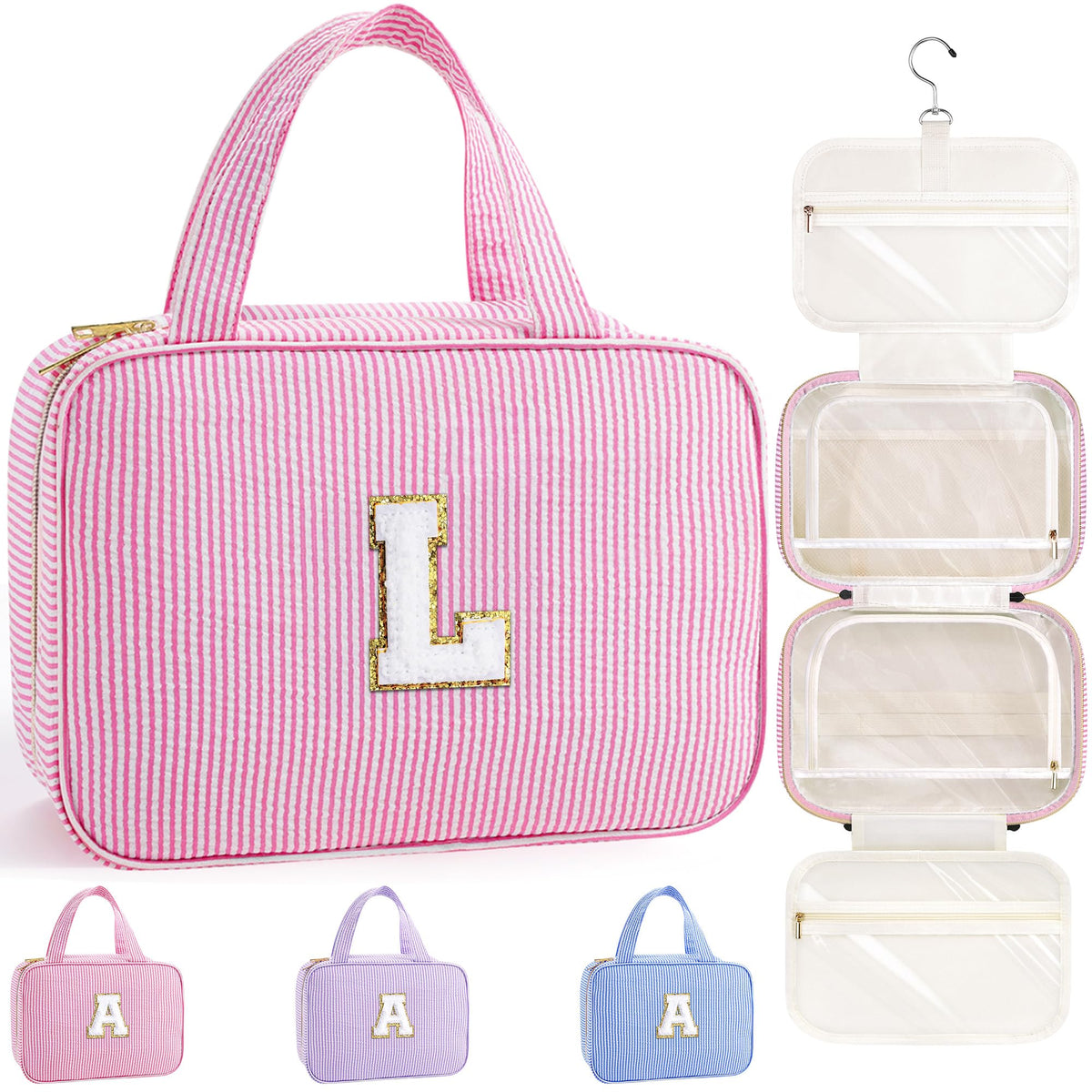 TOPEAST travel hanging toiletry bag pink with initial patch for easy organization on trips
