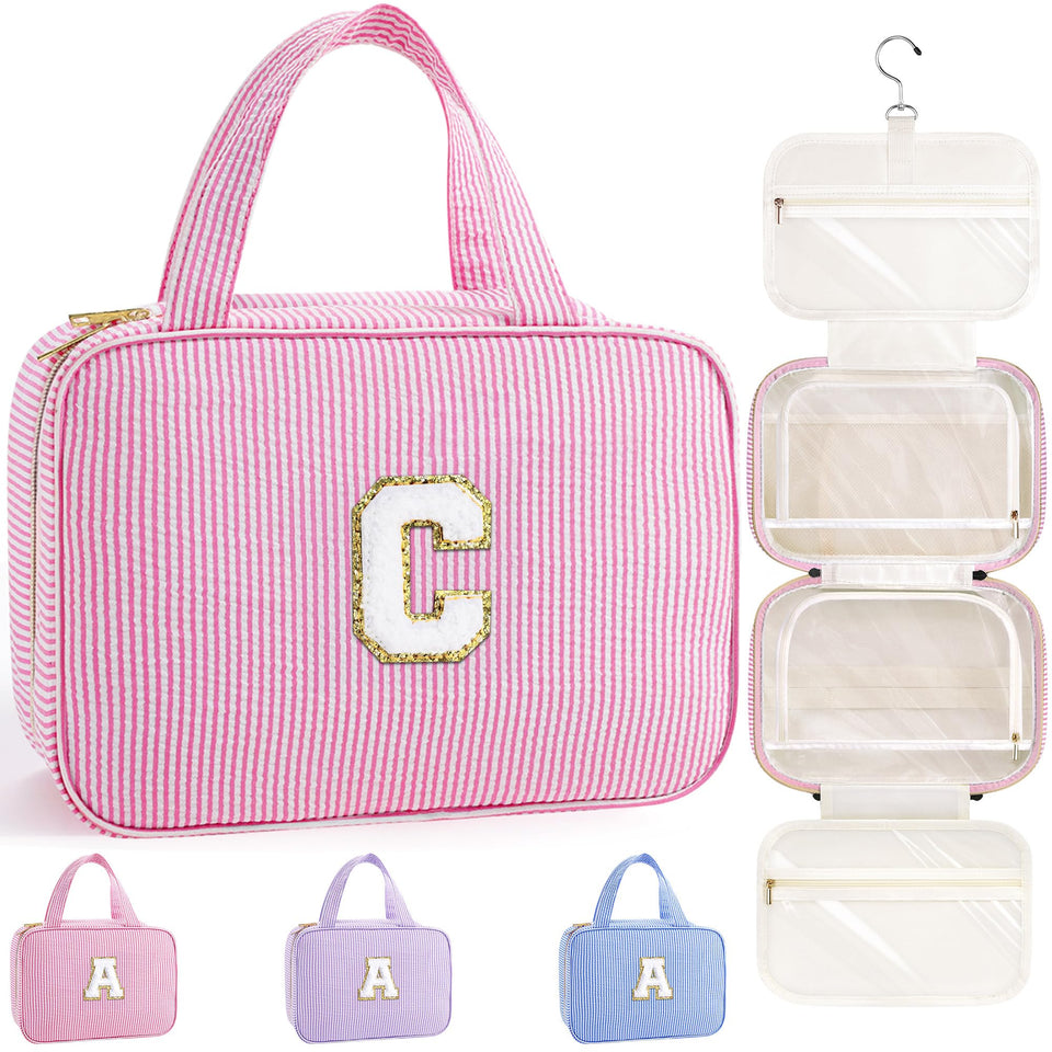 TOPEAST travel hanging toiletry bag in pink with organized compartments for on-the-go trips