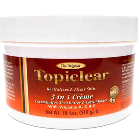 Topiclear 3 in 1 creme cocoa butter jar provides rich hydration for dry skin.