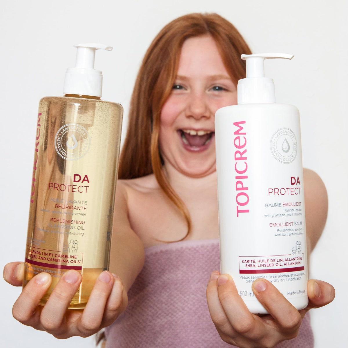 Topicrem Atopic Skin AD Emollient Balm packaging side, dermatological and paediatric suitability for family use.