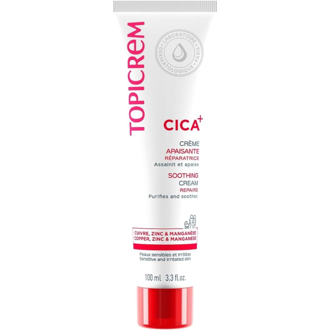 Topicrem Essentials CICA Repair Cream jar demonstrates soothing formula for sensitive skin.