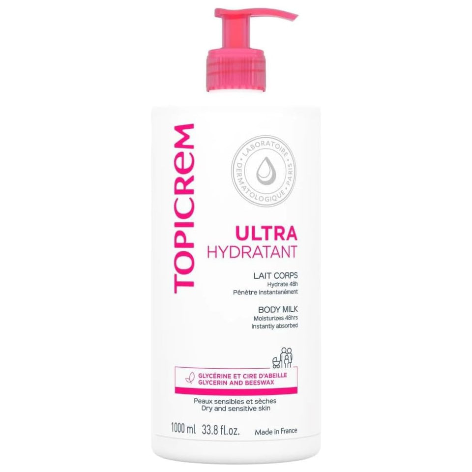 Topicrem Ultra-Moisturizing Body Milk bottle showing long-lasting hydration for dry skin