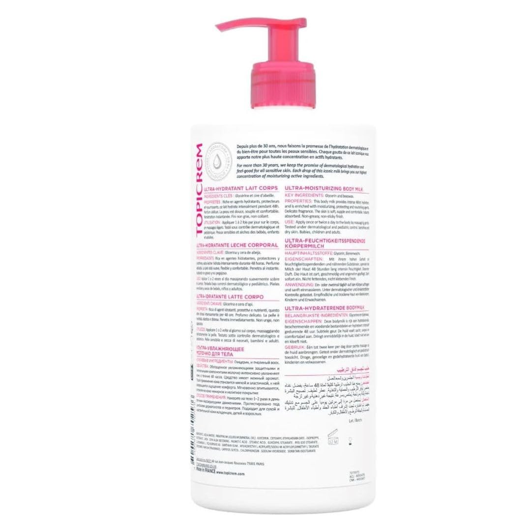 Topicrem Ultra-Moisturizing Body Milk pour indicating quick absorption and non-greasy finish