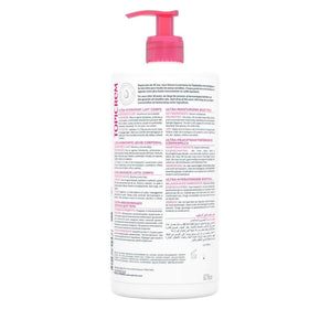 Topicrem Ultra-Moisturizing Body Milk pour indicating quick absorption and non-greasy finish