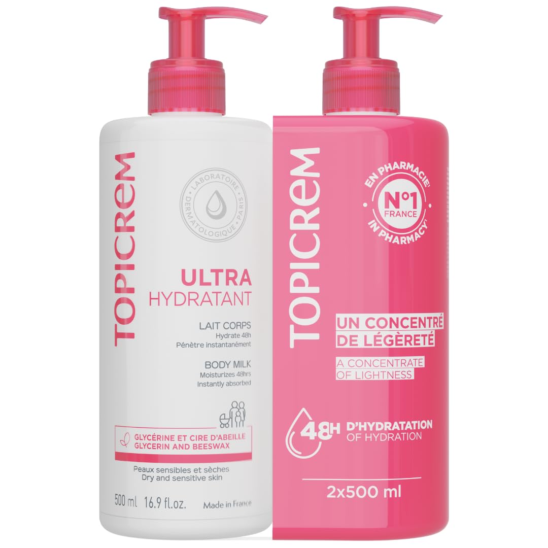 Topicrem Ultra-Moisturizing Body Milk 2x500ml packaging shows twin bottles for lasting hydration