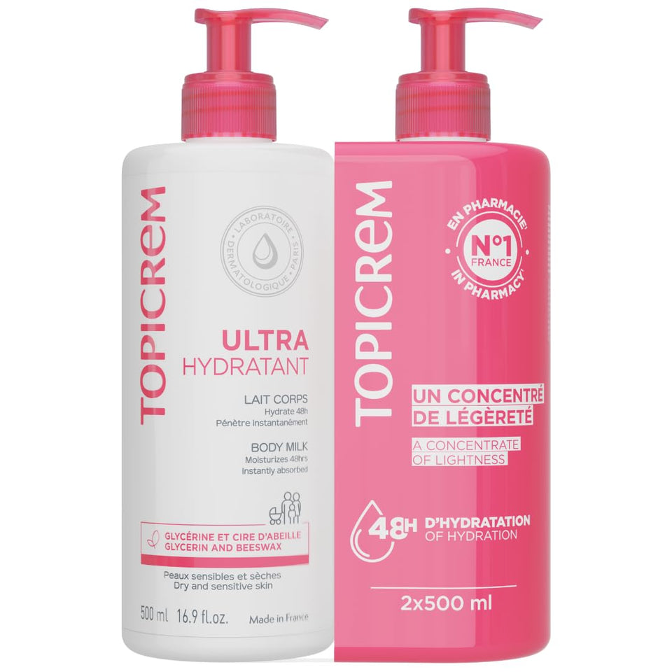 Topicrem Ultra-Moisturizing Body Milk 2x500ml packaging shows twin bottles for lasting hydration