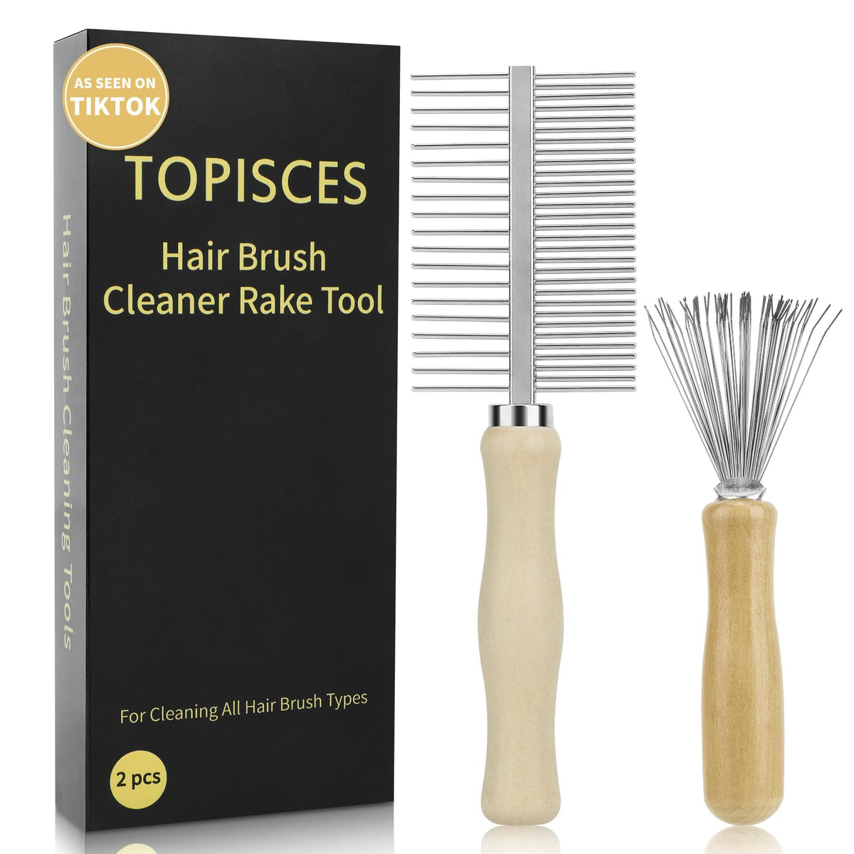 Topisces dual-sided brush cleaner with wooden handle for detangling and deep cleaning