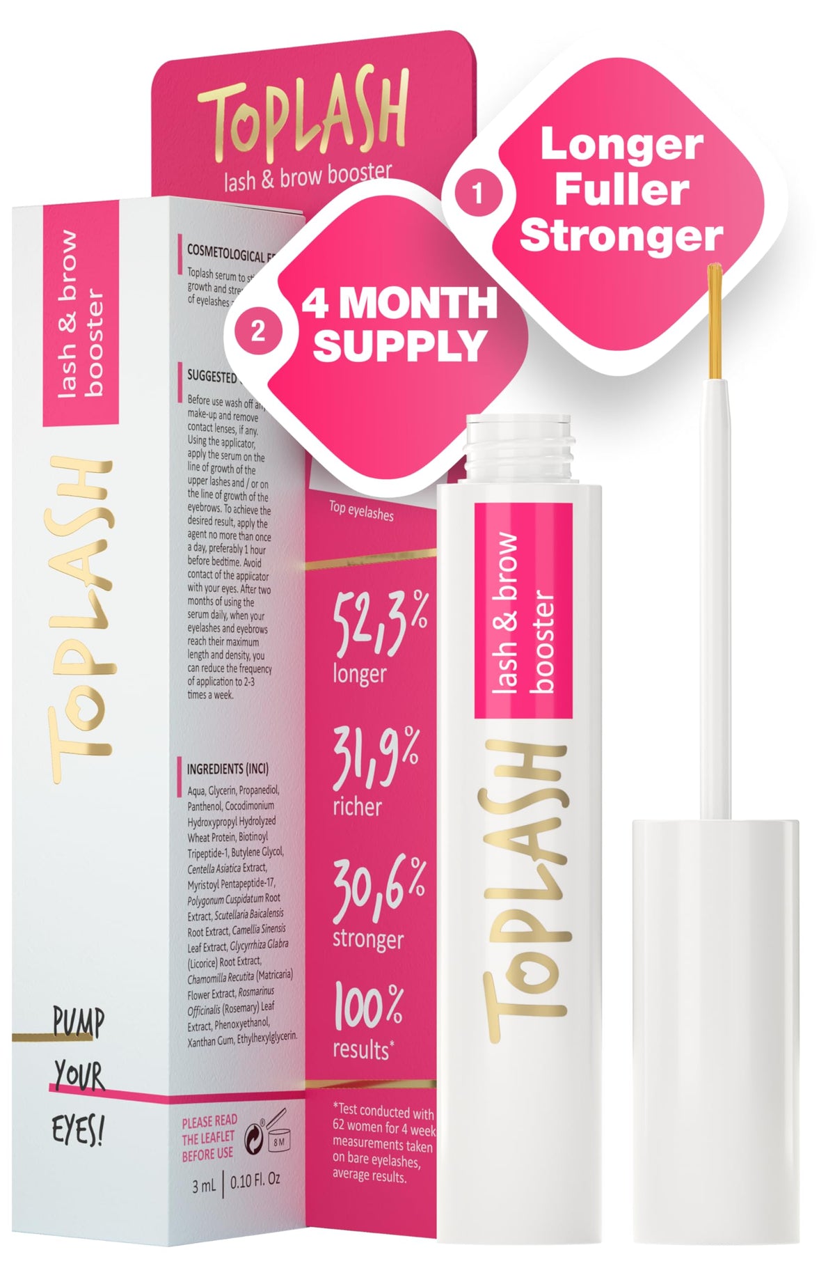 Toplash eyelash growth serum bottle shown for convenient nightly use and nourishment.