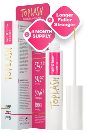Toplash eyelash growth serum bottle shown for convenient nightly use and nourishment.