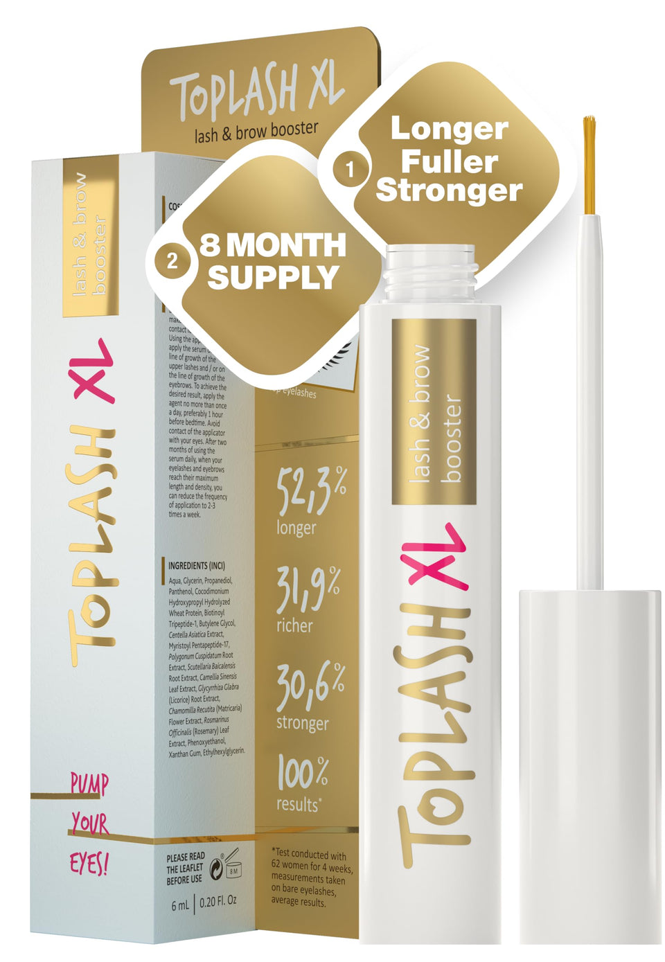 Toplash XL bottle pour shows precise applicator for lash and brow care