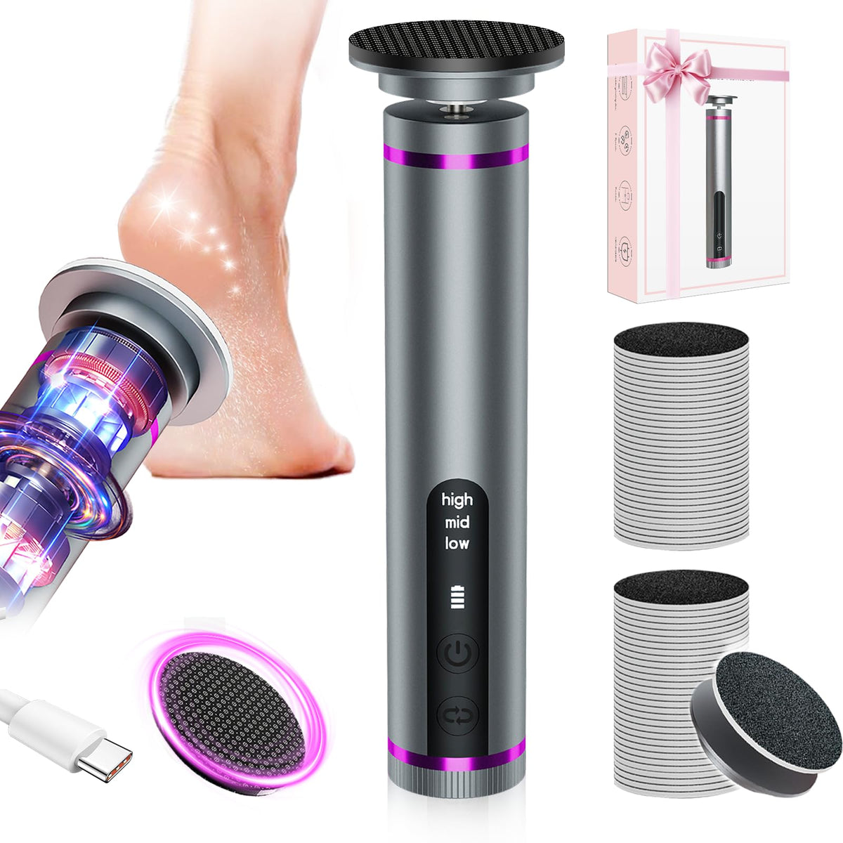 TOQUVORXII electric foot file with nano-glass head for gentle exfoliation and smooth feet.