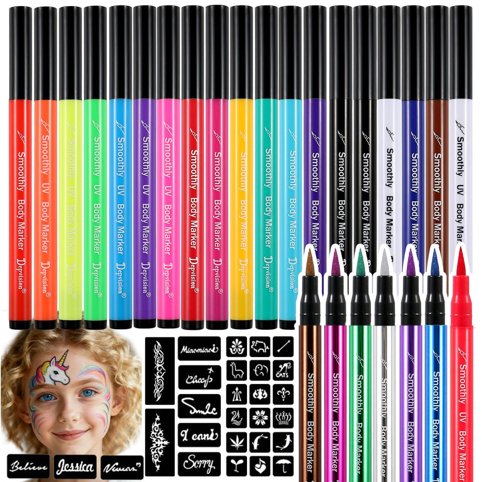 Torbers 26-pack face painting markers showing vibrant color swatches for bold body art