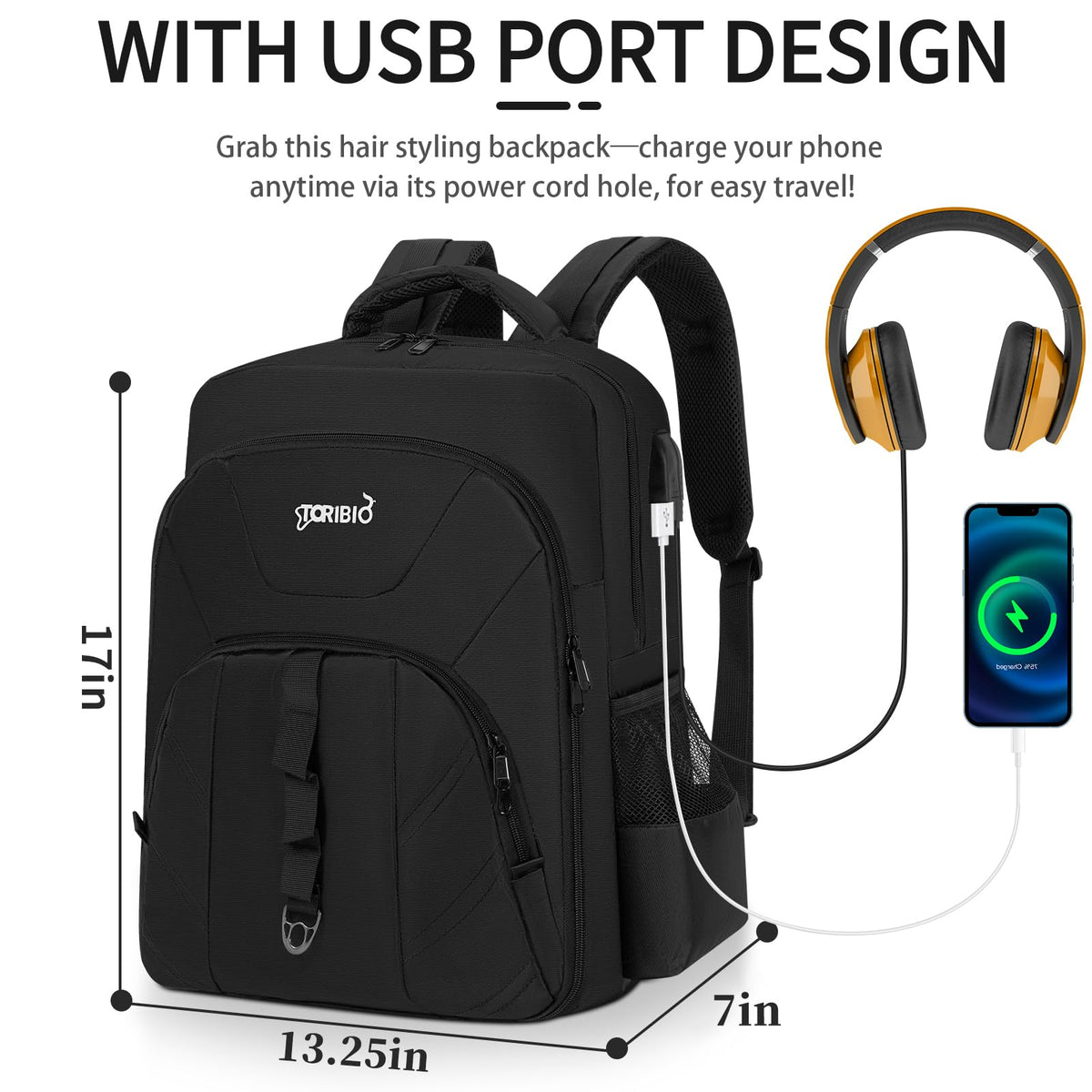 TORIBIO barber bag backpack side view highlights the USB port for on-the-go charging.