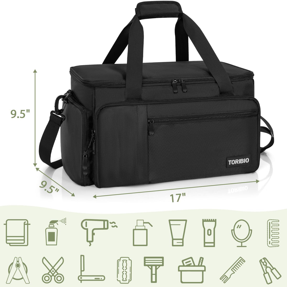 Toribio barber bag shoulder strap adjusted for easy transport.