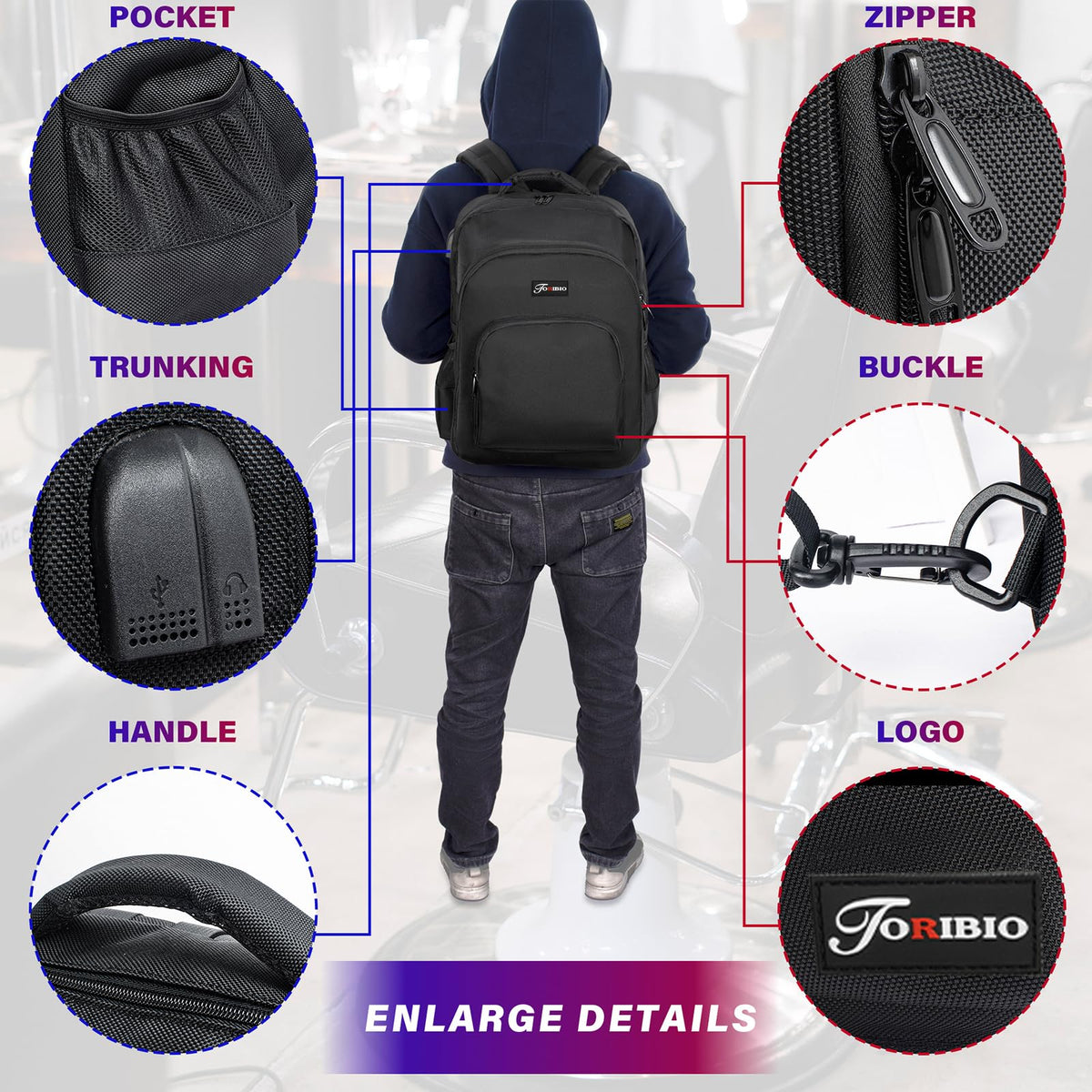 TORIBIO bag back panel and dual straps reduce shoulder strain during long days.
