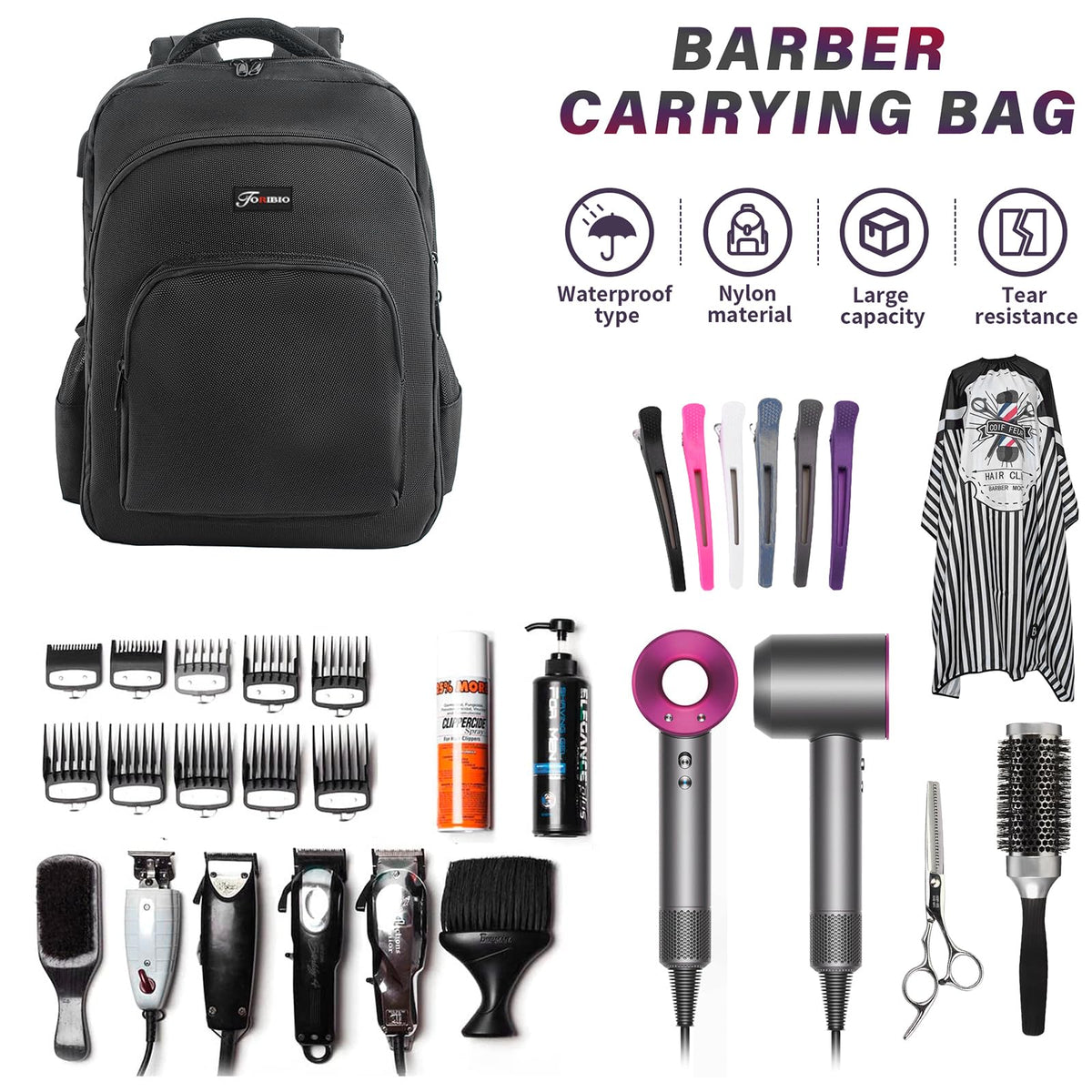 TORIBIO bag interior layout highlights organized slots for clippers, brushes, and cape.