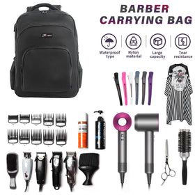 TORIBIO bag interior layout highlights organized slots for clippers, brushes, and cape.
