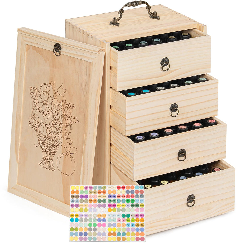 TORIBIO essential oil box, 96-bottle capacity, wooden construction for organized storage.