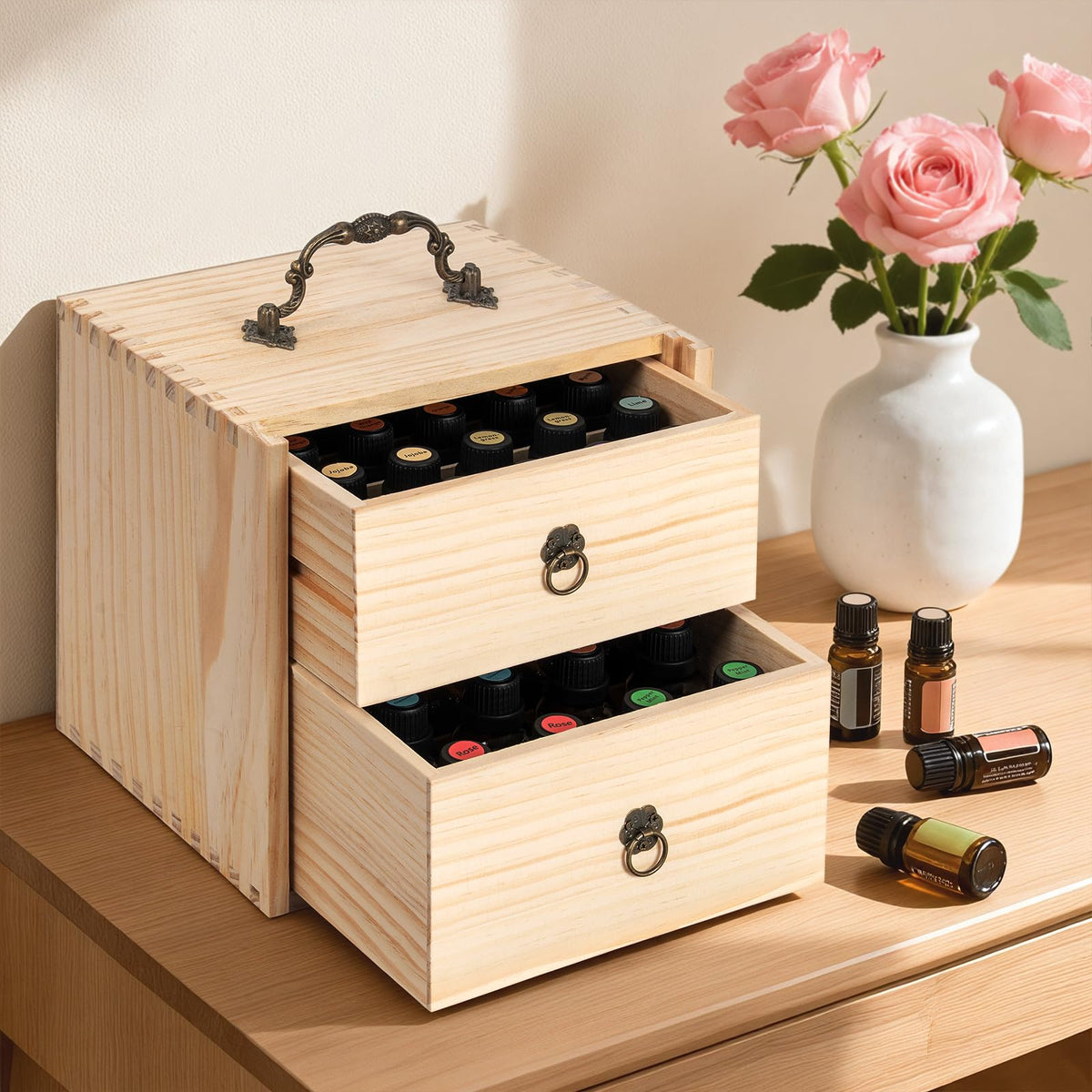 TORIBIO wooden oil box holds 40 bottles for growing collections
