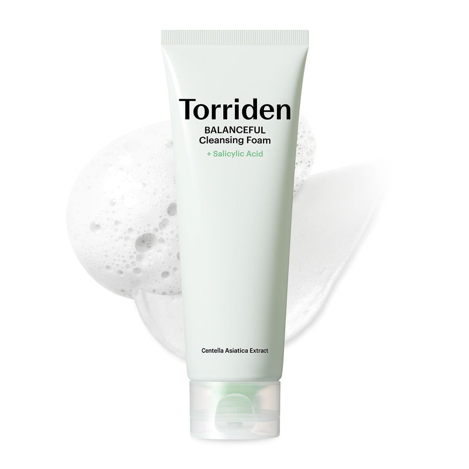 Torriden Balanceful foam bottle delivering ultra-fine microfoam for gentle cleansing.