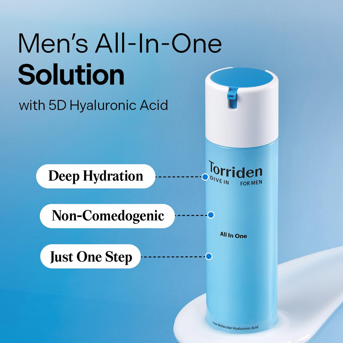 Torriden Dive In for Men 5D Hyaluronic Acid complex enhances deep moisture distribution.