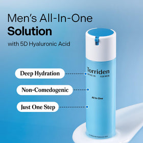 Torriden Dive In for Men 5D Hyaluronic Acid complex enhances deep moisture distribution.