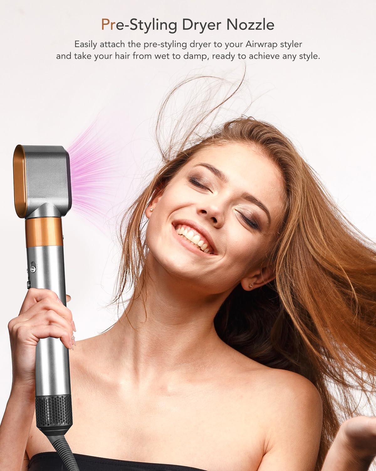 TOSAGE nozzle attached to Dyson Airwrap for seamless styling.
