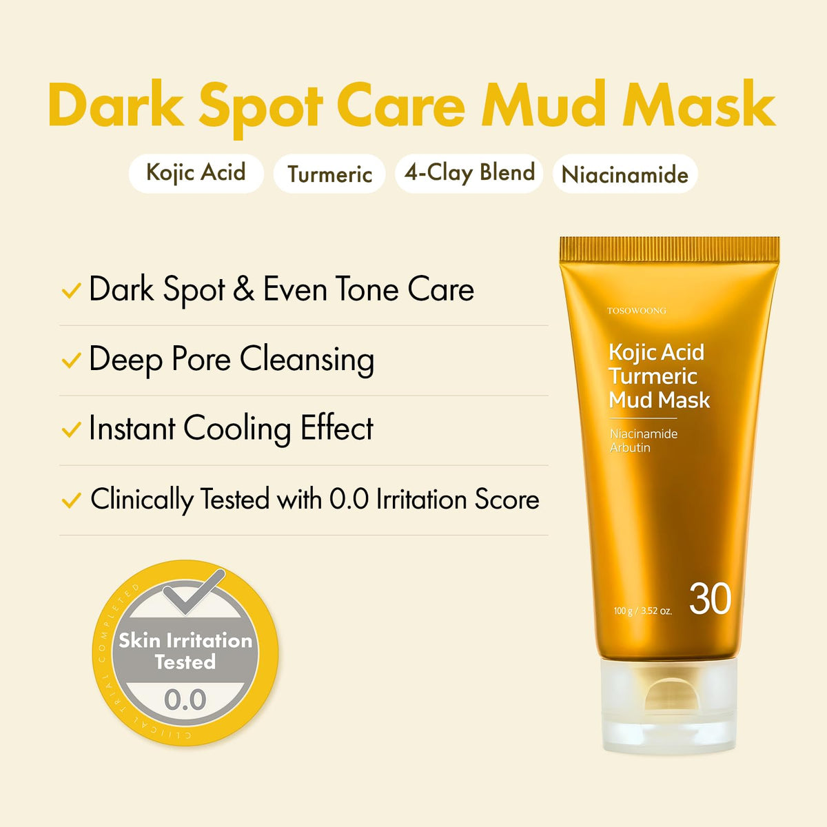 TOSOWOONG Kojic Acid Turmeric Mud Mask highlights natural ingredients for brighter complexion.